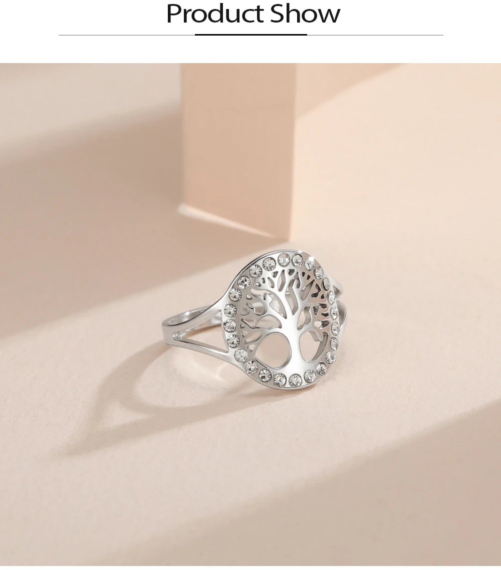 COOLTIME Baum des Lebens Klarer Zirkon Ring Edelstahl Verstellbar Damen Amulett Fingerringe Schmuck Geschenk – Detail 6