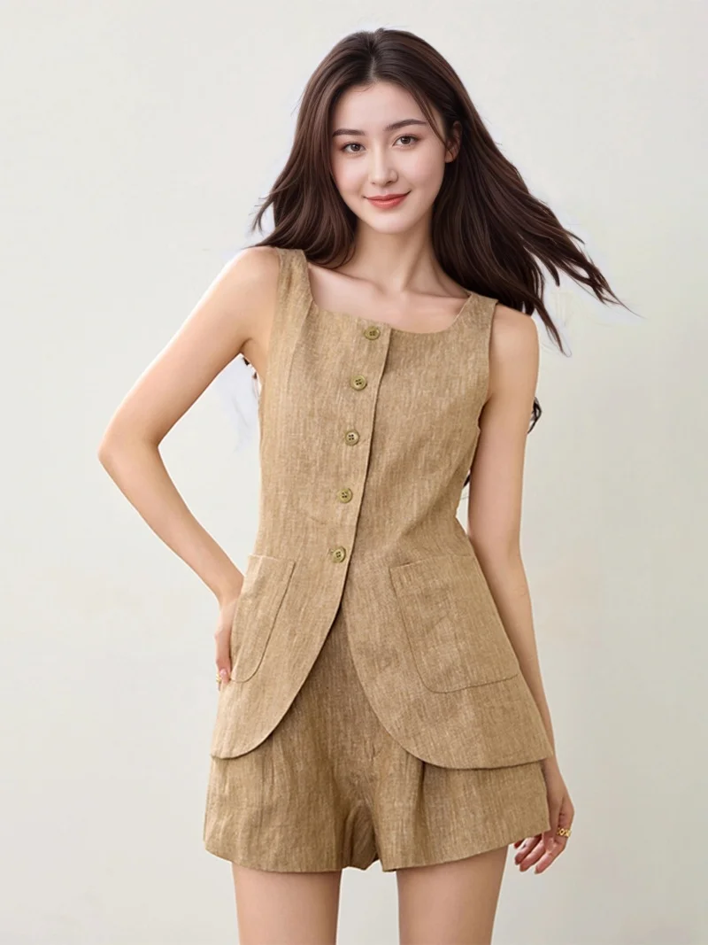 

2025 Summer New Commuter Set Women Dry And Breathable Linen Sleeveless Square Neck Vest Shorts Two Piece Suit For Women W200