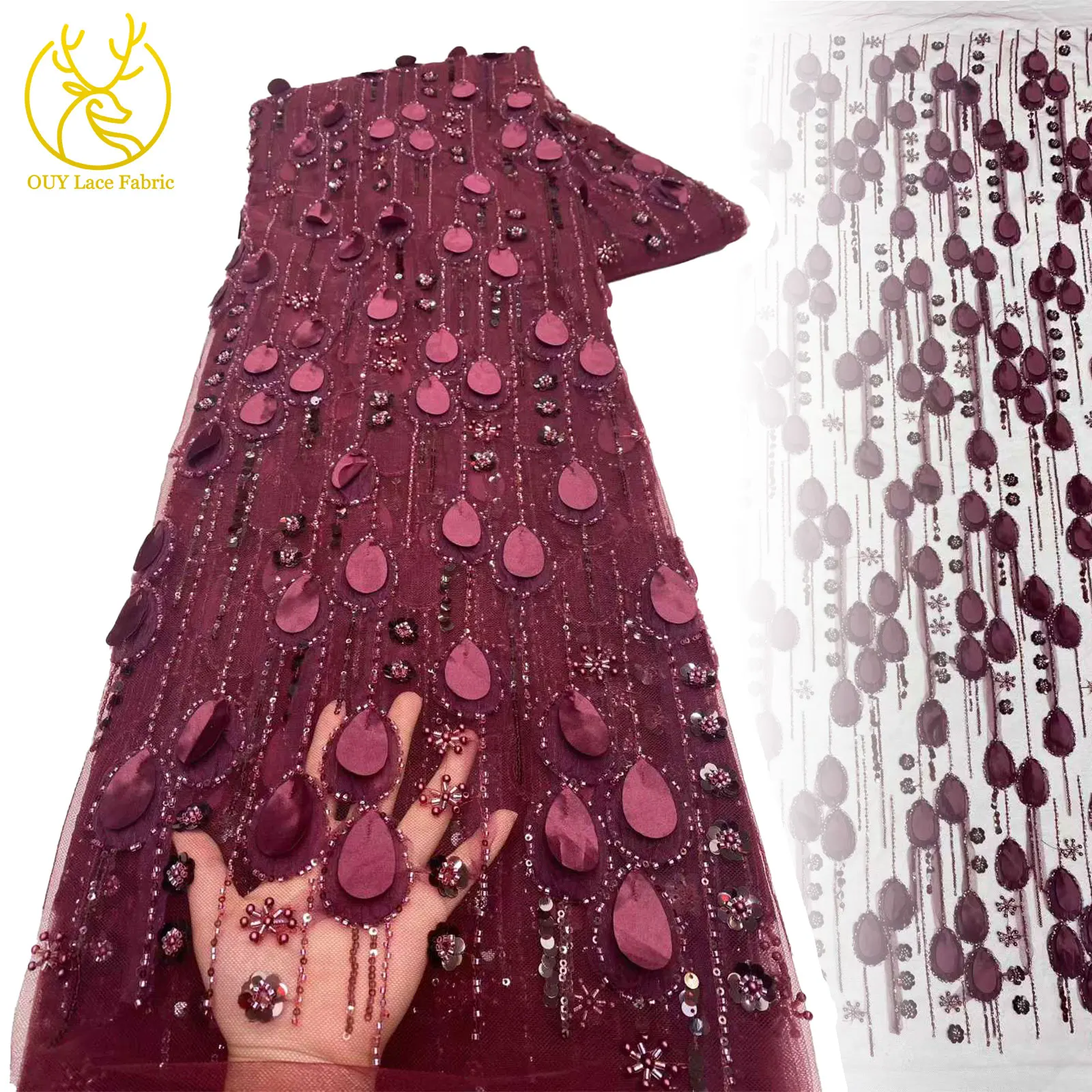 

3D Luxury African Beaded Lace Fabric 2025 French Nigerian Sequin Mesh Embroidered Lace Fabric Suitable for Wedding Dresses
