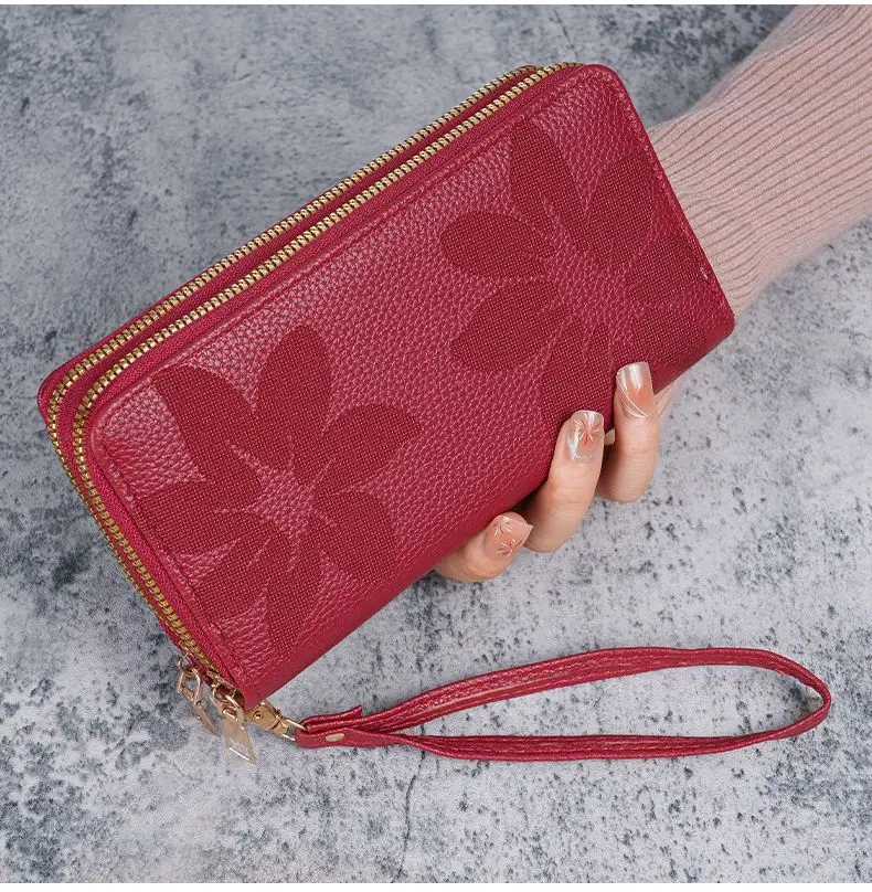 Neue Doppel-reißverschluss Große Kapazität Lange Brieftasche für Frauen Mode Multi-schicht Telefon Münze Karte Geldbörse Floral Geprägte PU leder – Detail 13