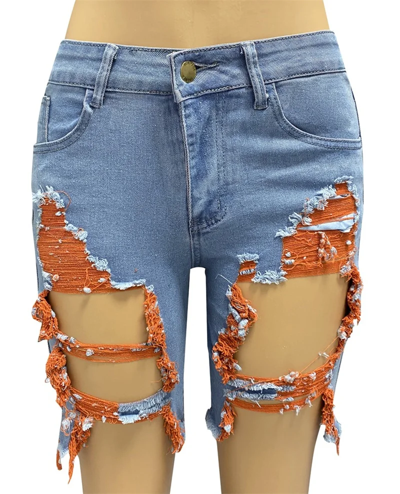 High QualitSummer Women Slim Shorts Trousers Fashion Ladies Jeans Broken Denim Shorts Ripped Jeans High Waisted Hotpant Slim Fit