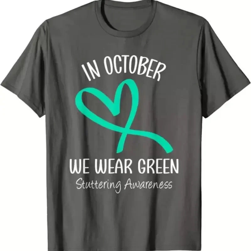 Heart In October We Wear Green Stuttering Awareness T Shirt