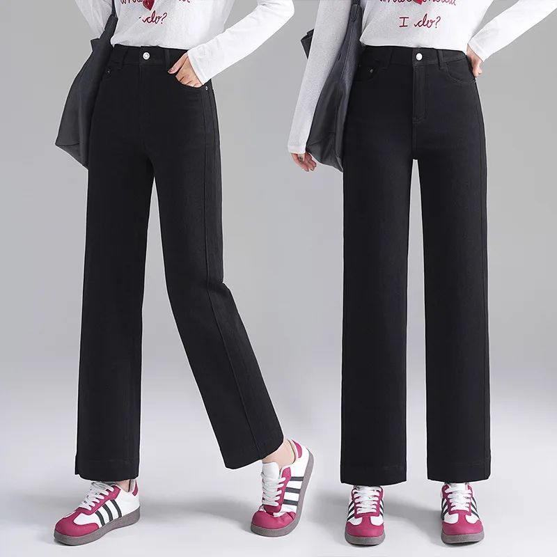 بنطلون جينز نسائي خريفي جديد بأربعة اتجاهات قابل للتمدد بتصميم مزدوج الجانب بقصة ضيقة مستقيمة عالية الخصر