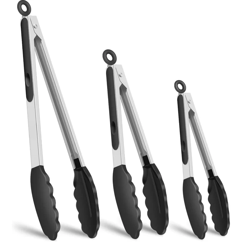 Food Grade Silicone Food Tongs Heat Resistant Stainless Steel Kitchen Clip Non-Slip Cooking Tongs for Fried Steak Barbecue Bread