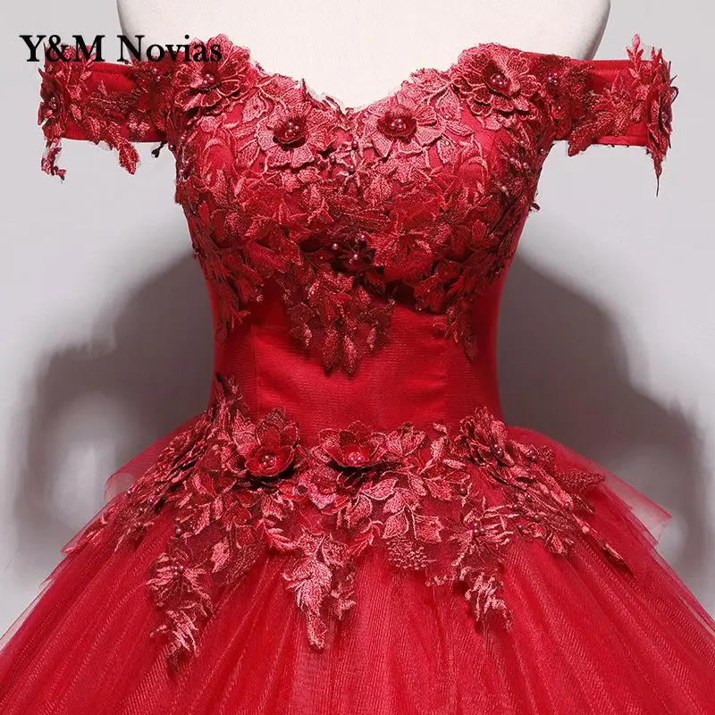 New V Neck Quinceanera Dresses Party Prom Lace Embroidery Off The Shoulder Ball Gown Wined Red Vestido De Quincianera