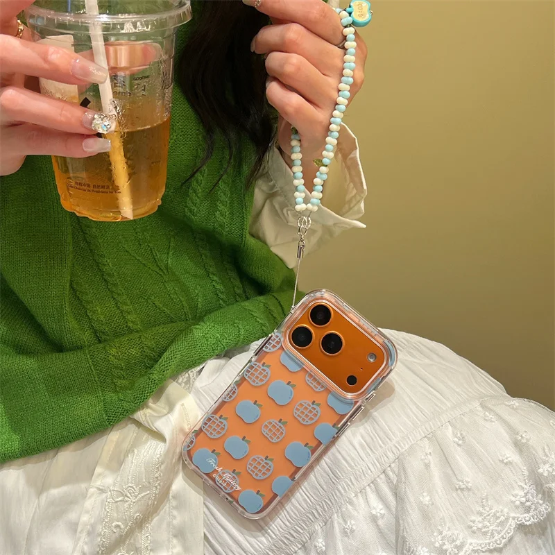 الكورية لطيف ليتل أبل طباعة جراب هاتف آيفون 17 برو 16 15 14 برو ماكس الغطاء الخلفي مع سلسلة موضة للصدمات حالات كابا