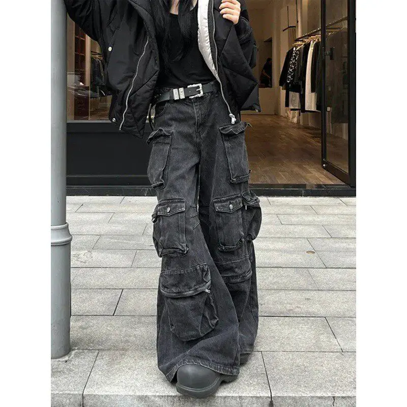 

American Style Heavy Duty Multi Pocket Patchwork Design Casual Workwear Jeans Men Versatile Loose Fit Straight Leg Pants