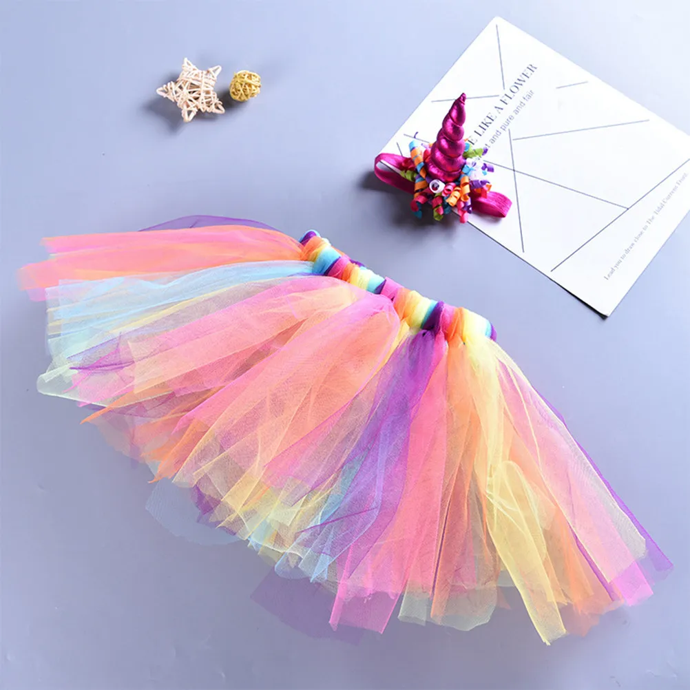 Unicorn Costume Set for Girls Rainbow Tulle Tutu Dress with Matching Hair Hoop Adjustable Strap 3D Flower Front Removable Bow