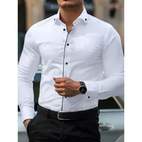 Nuevas camisas blancas para hombre, camisa de vestir elástica informal de negocios de manga larga de Color sólido