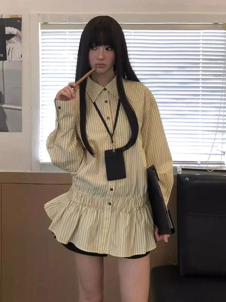 ADAgirl Yellow Striped Dress Shirt Long Sleeve Pleated Patchwork Blouse Female Korean Spring Fashion Preppy Style Clothes Chic