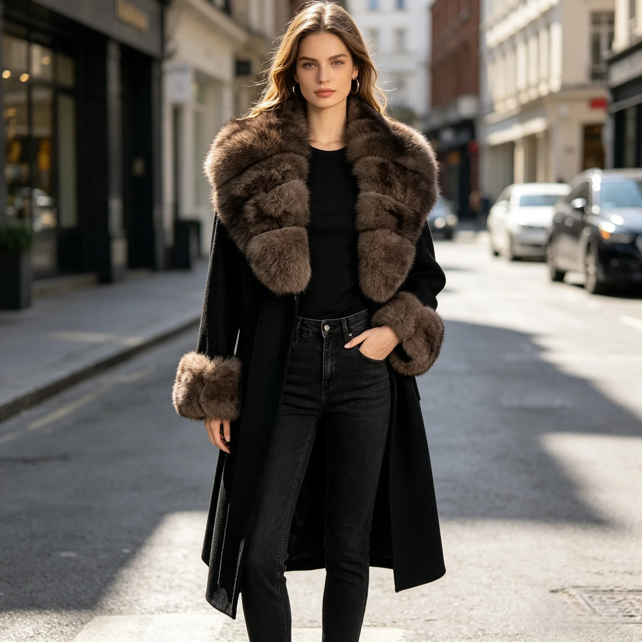 Nouveau manteau en cachemire femmes mélanges de laine longue vraie fourrure de renard garniture vestes en fourrure naturelle vêtements de luxe veste en laine de cachemire