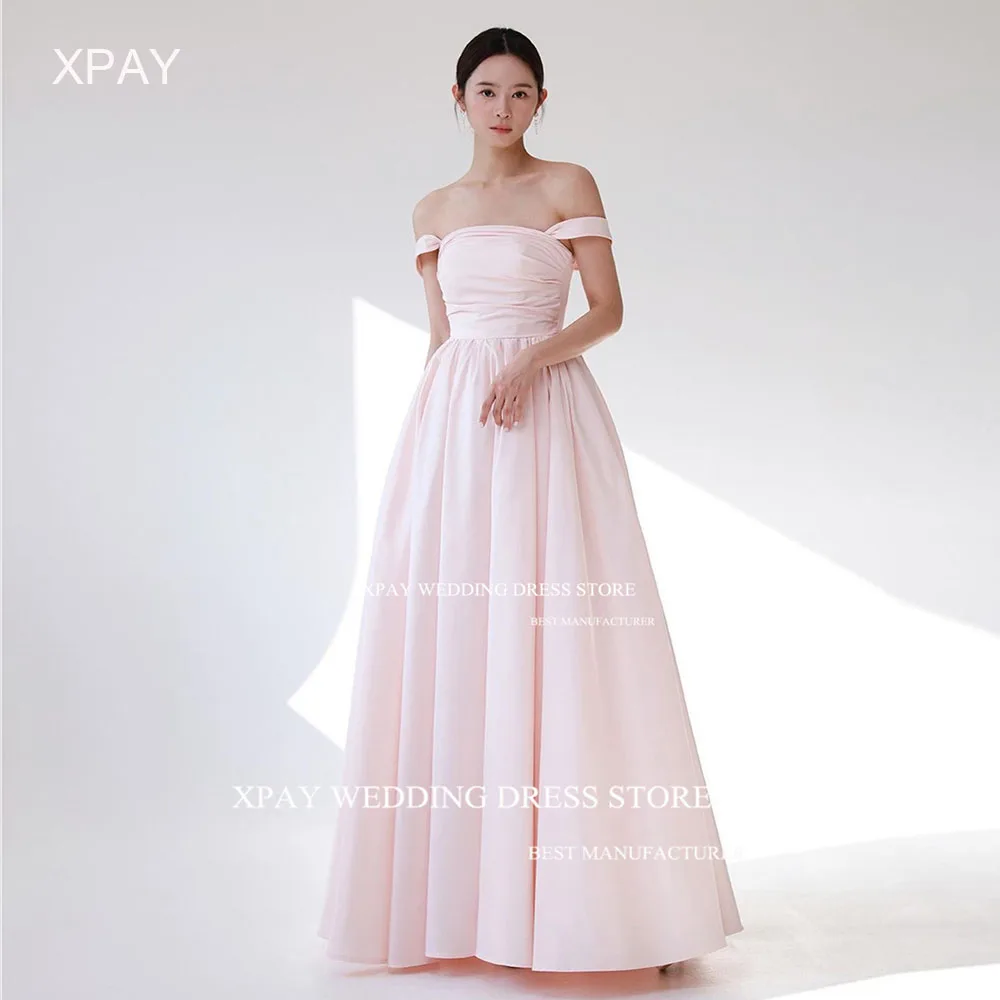 XPAY Baby Pink Satin Korea Korea Evening Dresses A Line Off Shoulder Pleats Wedding Photo Shoot Backless Corset Bride Party Gown