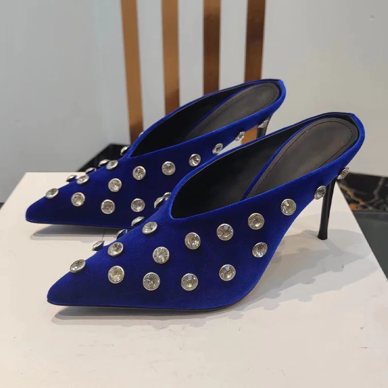 Runway Look Rhinestone Polka Dot Suede Half Head Slipper High-Heel Wedding Genuine Leather Summer Stiletto Heel Women Shoes