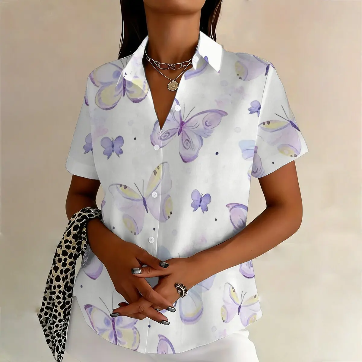 Simple and Personalized Butterfly Print Summer Women's Plus Size Lapel Short Sleeved Shirt Fashionable Daily Versatile Top