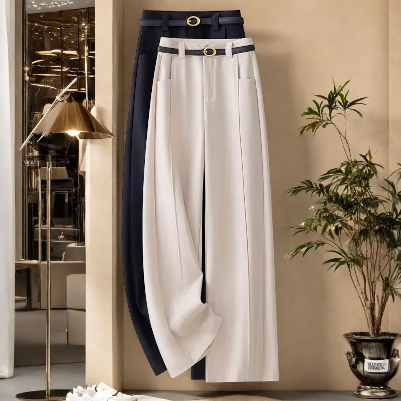 Women High Waist Wide Leg Suit Pants Front Vertical Seam Loose Long Trousers Solid Elegant Office Casual Straight Leg Bottoms