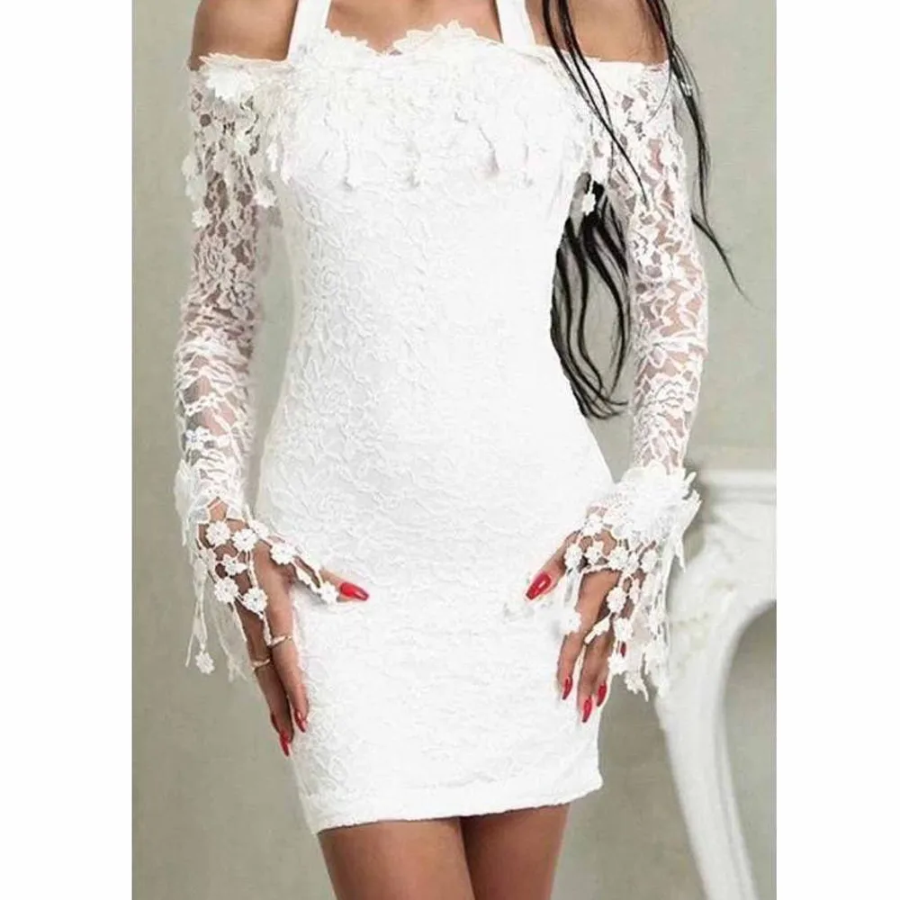 Fashion Elegant Chiffon Floral Dresses For Women High Waist Wrap White Dress Summer Hollow Long Sleeve Sexy Dress Ropa De Mujer