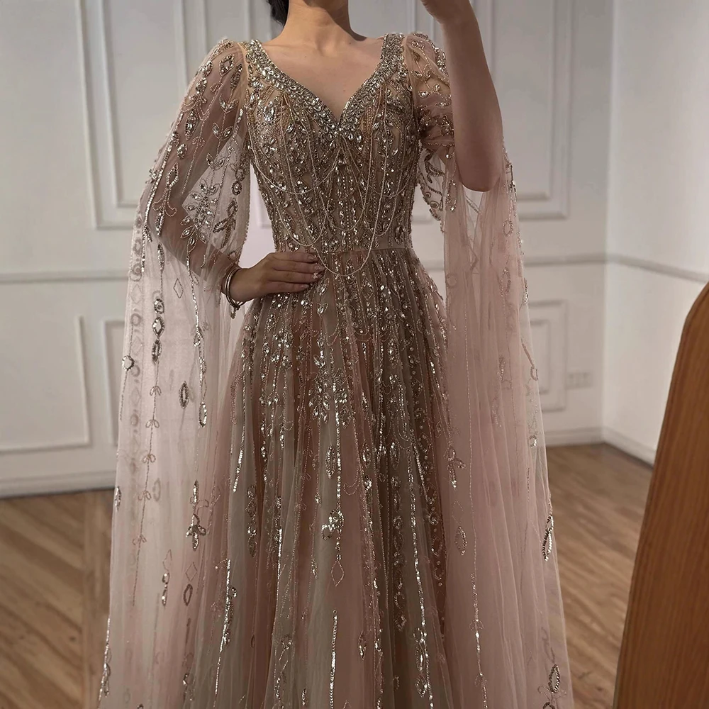 Serene Hill Customized Luxury Nude Crystal Beaded Evening Dress with Cape  Sleeves Elegant Gown for Formal Occasion LA72764A - AliExpress
