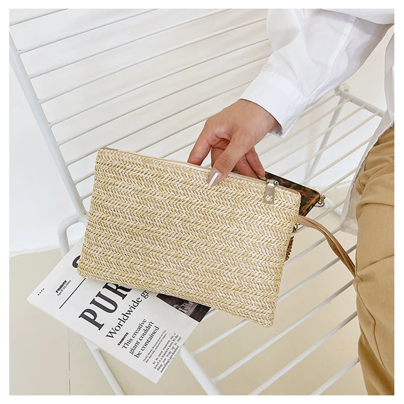 Straw Clutch Purse Mobile Money Bag Summer Casual Beach Wristlet Bags Fashion Handbag Woven Envelope Bag