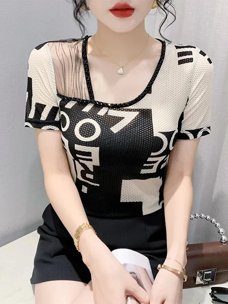 

Winsleter Streetwear Clothes Tshirts Short Sleeve Tee Ladies Sexy Off Shoulder Beaded Print Slim Mesh Top Hand Made T36914JM