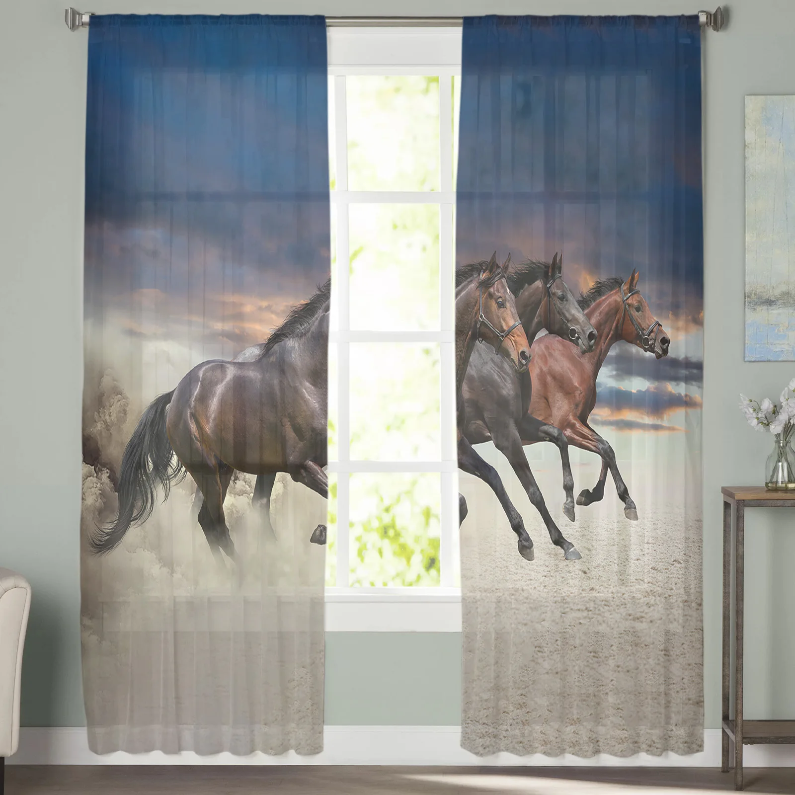 Three Wild Horses Galloping In The Desert Tulle Curtains for Living Room Bedroom Modern Kitchen Sheer Curtains for Voile Curtain