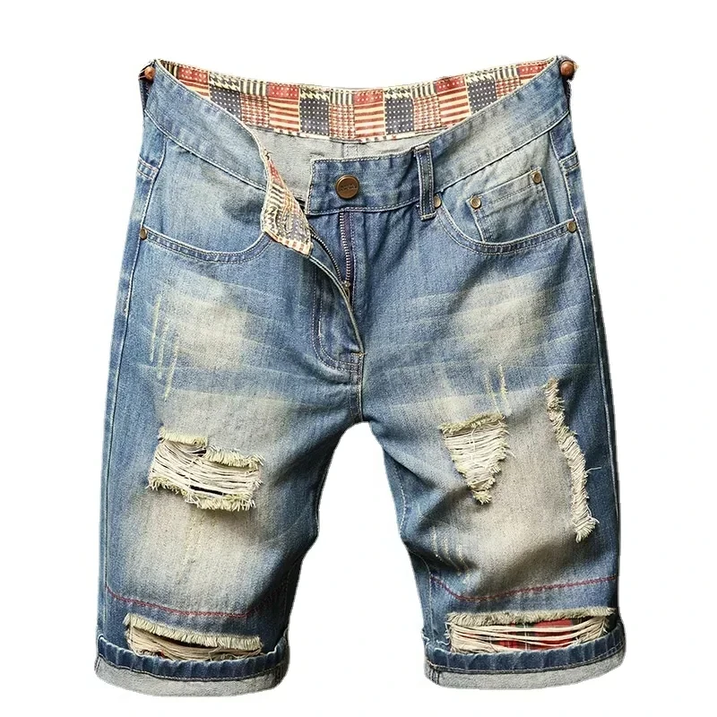 Youth Men Summer Fallow Beggars High Street Skateboard Ripped Denim Shorts  Retro Classic Pants Five Quarter Trend Plus-size