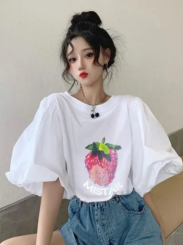 스위트 스트베리 프린트 오르트 스베 티셔츠 여성용 패션 여름 버블 스베 디자인 센스 한국 스타일 라운드 넥 탑