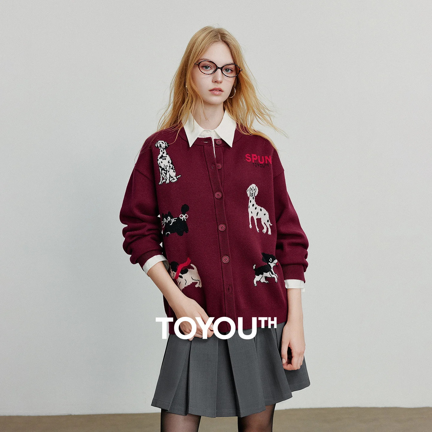 

TOYOUTH Women Knitwear Sweater 2025 Autumn New Dog Jacquard Round Neck Single Breasted Cardigan Sweater Wine Red