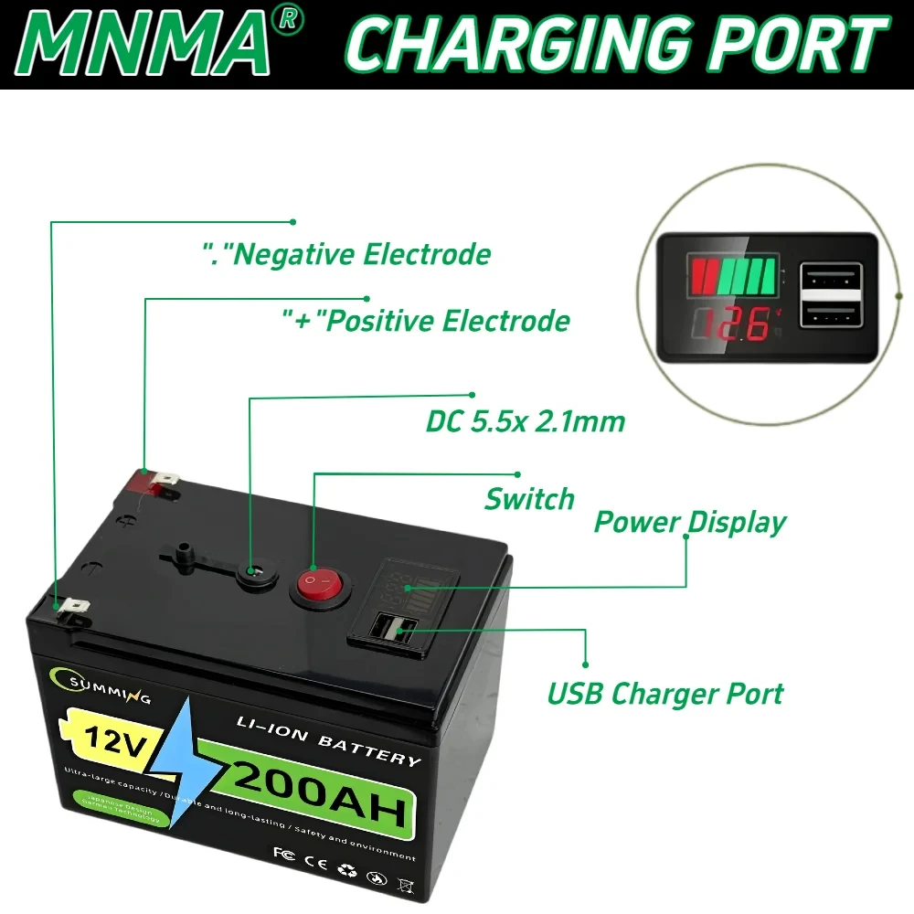 12V 160Ah 180Ah 200Ah LiFePO4 Solar Battery, Deep Cycle Rechargeable Built-in BMS Lithium 200000mAhfor Power Wheels,Scooters.
