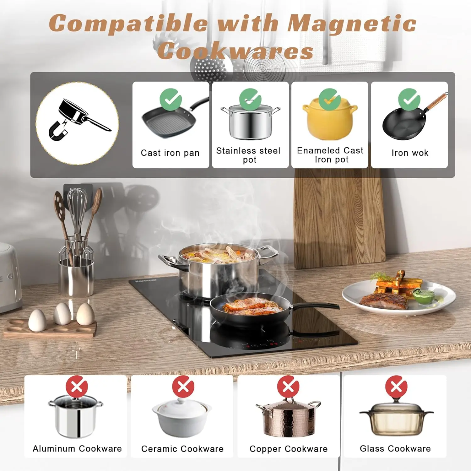 موقد كارينير التعريفي 29 سم 2 شعلة قطرة في موقد كهربائي، زجاج سيراميك أسود مع معزز، مؤقت، وظيفة قفل الأمان، 230 فولت