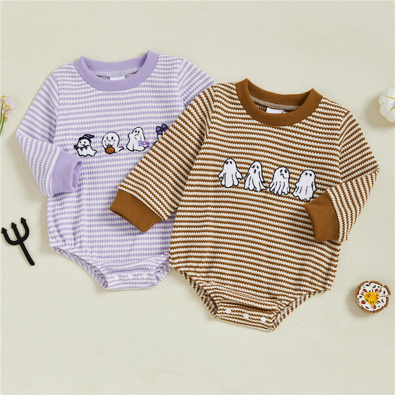 Baby Girls Halloween Romper Casual Long Sleeve Round Neck Ghost Embroidery Striped Jumpsuit Infant Toddler Outfit Clothing
