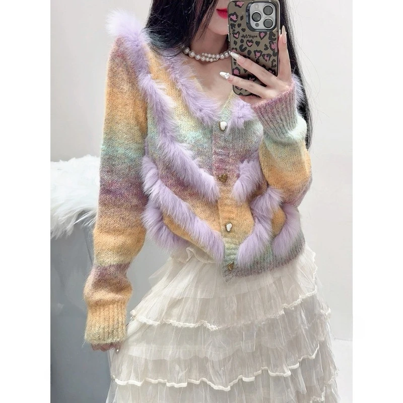 2025年秋 レディース ショートファートリムニットカーディガン ボタン付き 本物のフォックスファー ストライプコート アウター 女性用ファーセーター