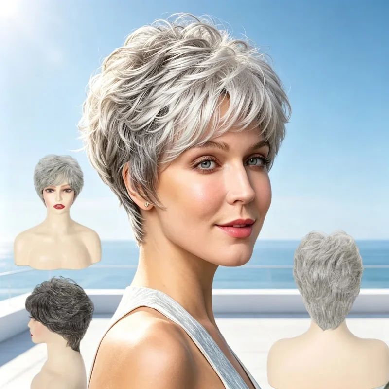 グレーオンブレカーリーショート人毛ウィッグ（前髪付き）ソフトナチュラルママヘアスタイルウィッグ女性用デイリーユースパーティーコスチューム