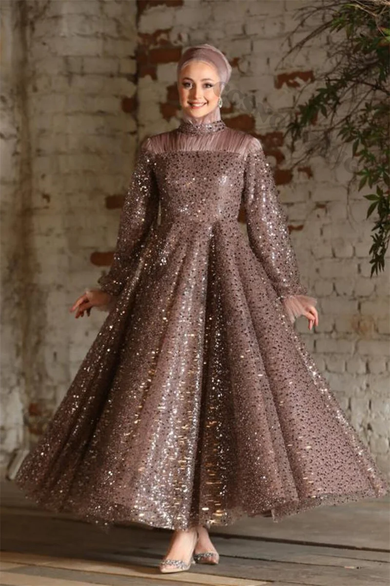 Abiti da sera musulmani di moda a maniche lunghe con paillettes scintillanti abiti da festa formali islamici collo alto donna abiti arabi De Soirée