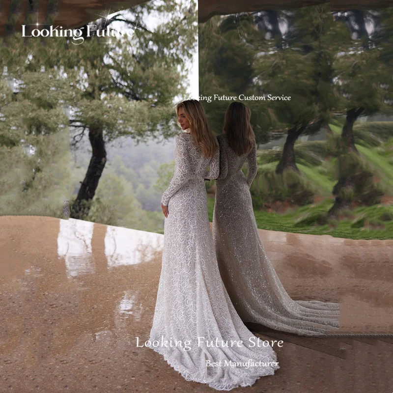 Beach Lace Sheath Wedding Dresses Sexy V-Neck Long Sleeves Bride Gowns Illusion Open Back High Side Slit Court Train Customized