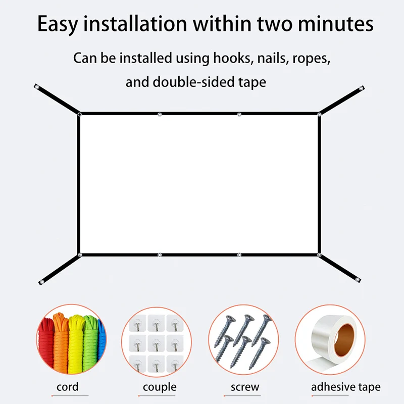 شاشة قابلة للطي. تمديد ثقب معلق 120 بوصة. سينما متنقلة. يدعم الإسقاط عالي الوضوح. سهلة التركيب.