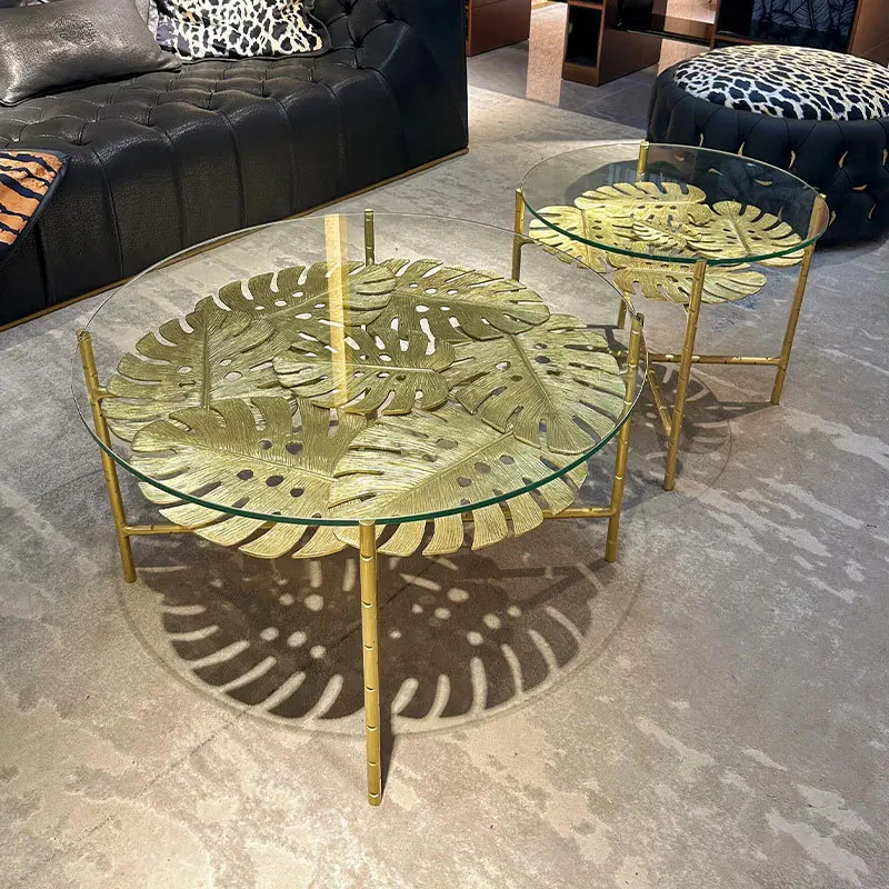 Customized High-End round Coffee Table Luxury Metal Design with Pure Copper Brass Leaf Tempered Glass for Home or Villa