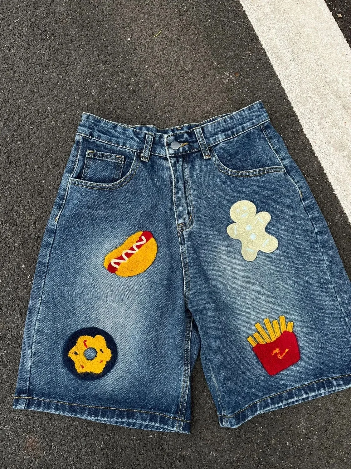 

Retro American Towel Embroidered Jeans orts Men Summer New High Street Trend Loose Straight Five-Quarter Pants Casual Jeans