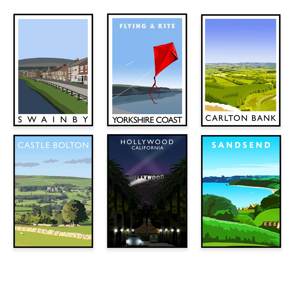 Hambleton, Yorkshire coast, Sunderland, Whitby, Newcastle, Skellig Islands, Bolton Castle, Derwentwater, Barcelona travel poster