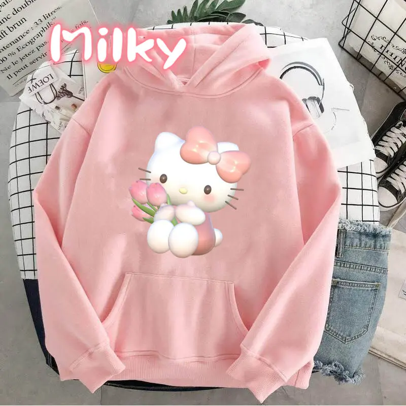 2024 New Fashion Women Hoodie Hello Kitty Hoodies Spring Autumn Pink Hoodie Sweatshirt Clothes Tops Clothing Oversized Pullover