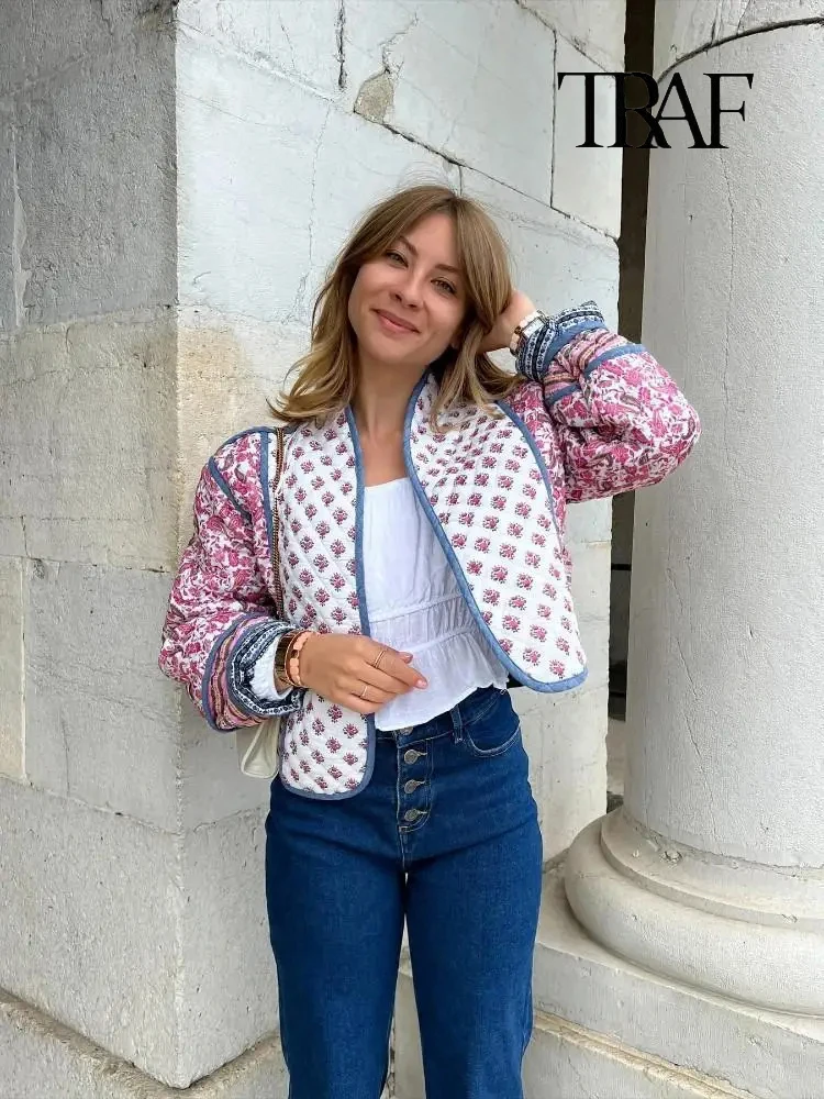 TRAF Moda donna Giacca di cotone stampata a fiori reversibile Autunno e inverno Giacca di cotone vintage Giacca con risvolto a manica lunga