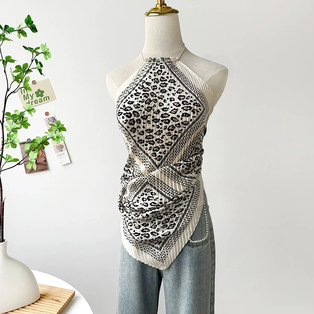 

Fashion Leopard Printed Pleated Bikini Women's Swimsuit Elegant Lady Neck Biquini Swimwear Mujer Bathing Suit Female Beachwear