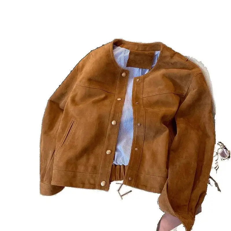 Chaqueta de ante marrón Retro para mujer primavera otoño 2025 Meilad suelta pantalón corto Casual locomotora prendas de vestir Simple cuello redondo Top de manga larga