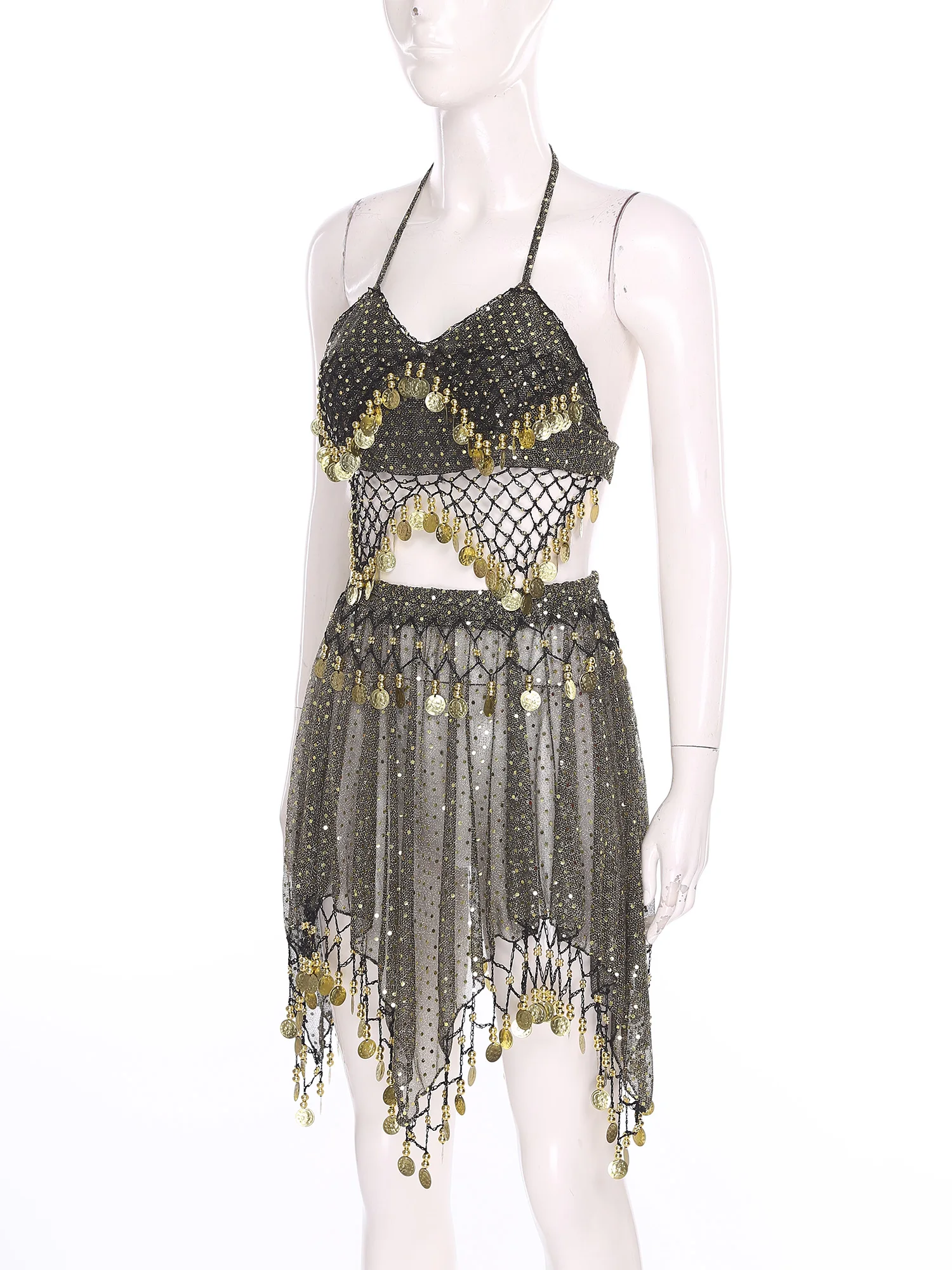 Womens Sequined Belly Outfits Crisp Sound Maker Tassel Sheer Mesh Lace-up Crop Top And Irregular Hem Skirt for Dancewear