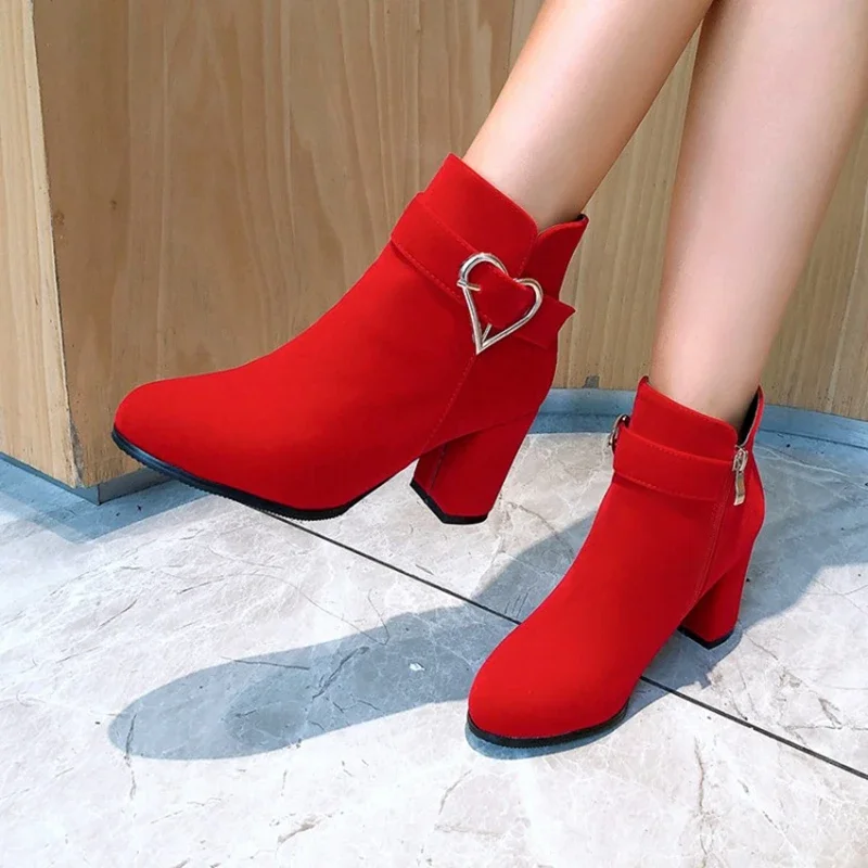 Women's Chunky Heeled Ankle Boots, Solid Color Side Zipper High Heels, Stylish Short Boots