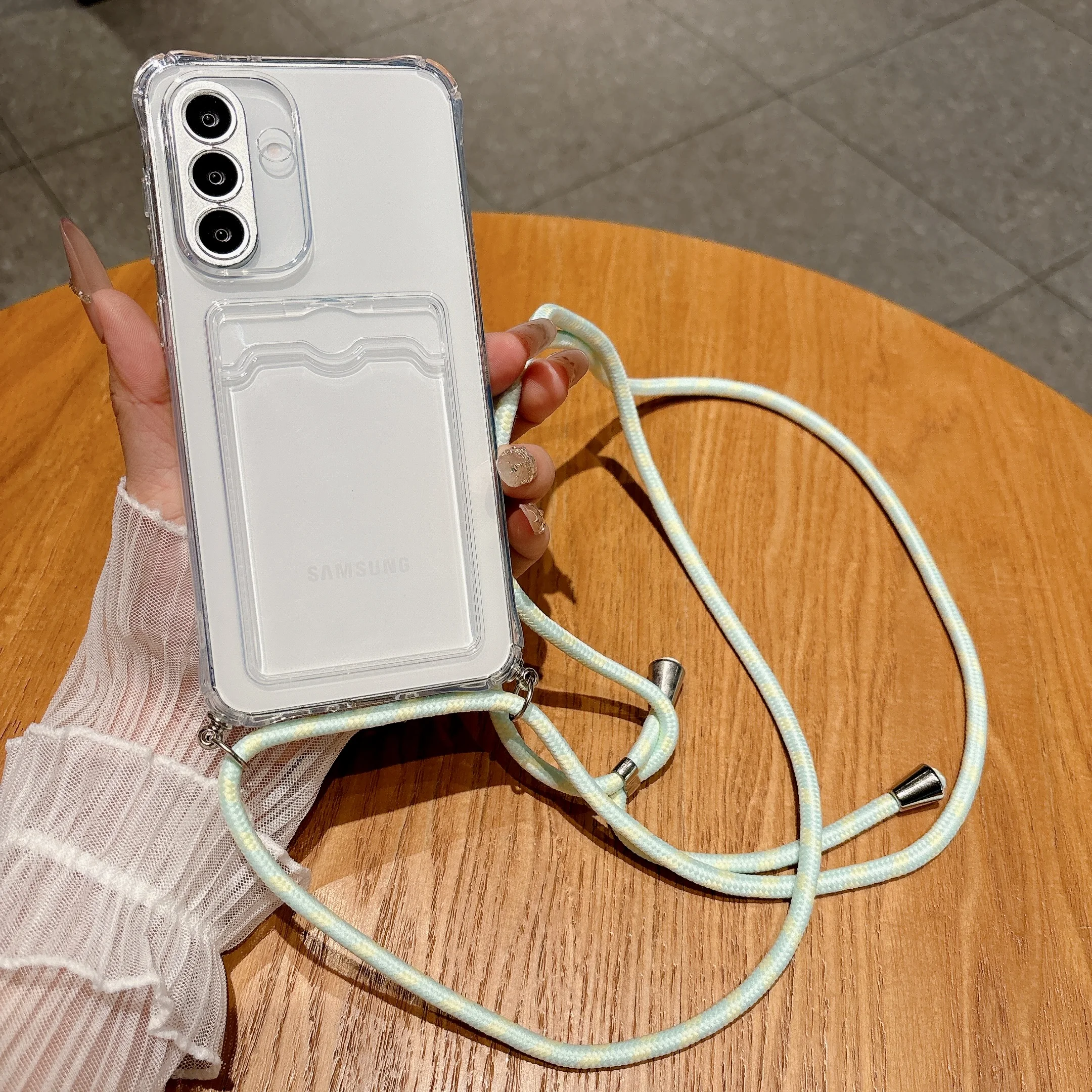Transparent With Card Slot Phone Case For Samsung Galaxy S26 S25 Edge S24 S23 S22 S21 S20 Plus FE 2022 5G Lanyard Non-Slip Cover