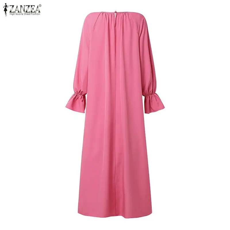 ZANZEA Plus Size 5XL Muslim Modest Maxi Dress Womens Casual Gathered O-Neck Long Sleeve Loose Abaya Robes Islamic Hijabis Kaftan view 3