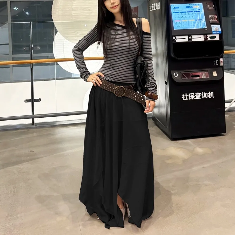 Kliou Casual Elegant Long Skirts Woman Y2K Style Elastic Waist Irregular Shape Daily Street Basic Solid Simple Fashion Bottoms