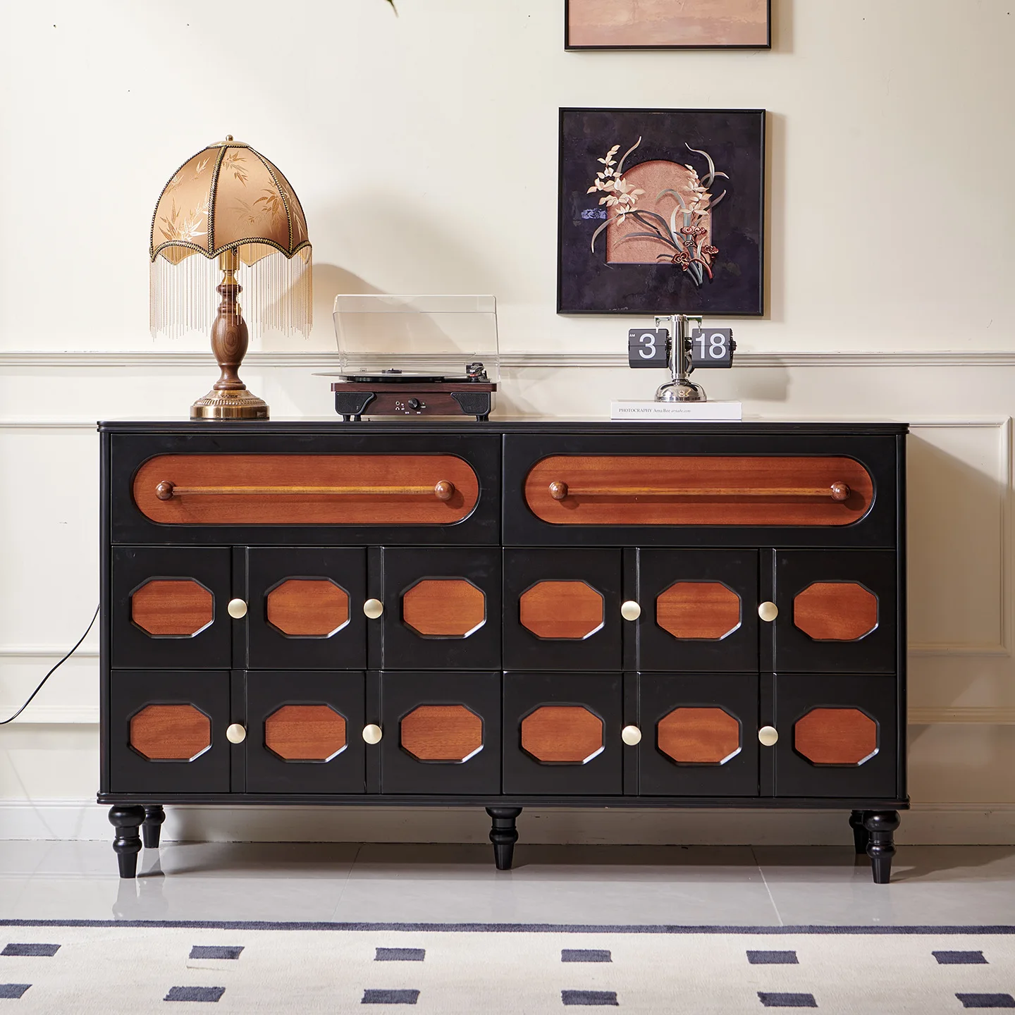 French retro solid wood bedside table, bedroom storage locker