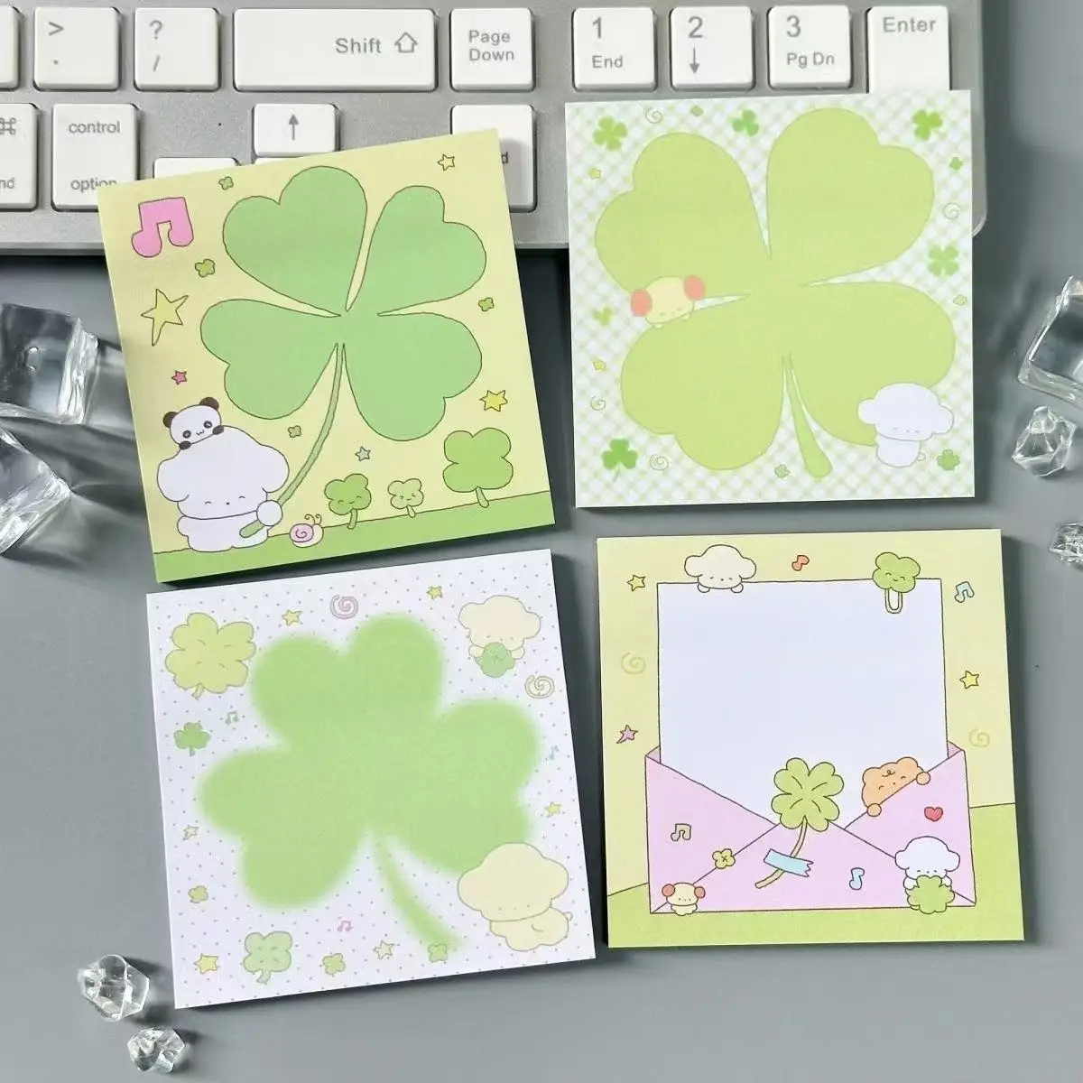 4PC Mix Creative Cartoon Original High-Appearance Sticky Notes Lucky Four-Leaf Clover with Adhesive Cute Memo Pad for Students