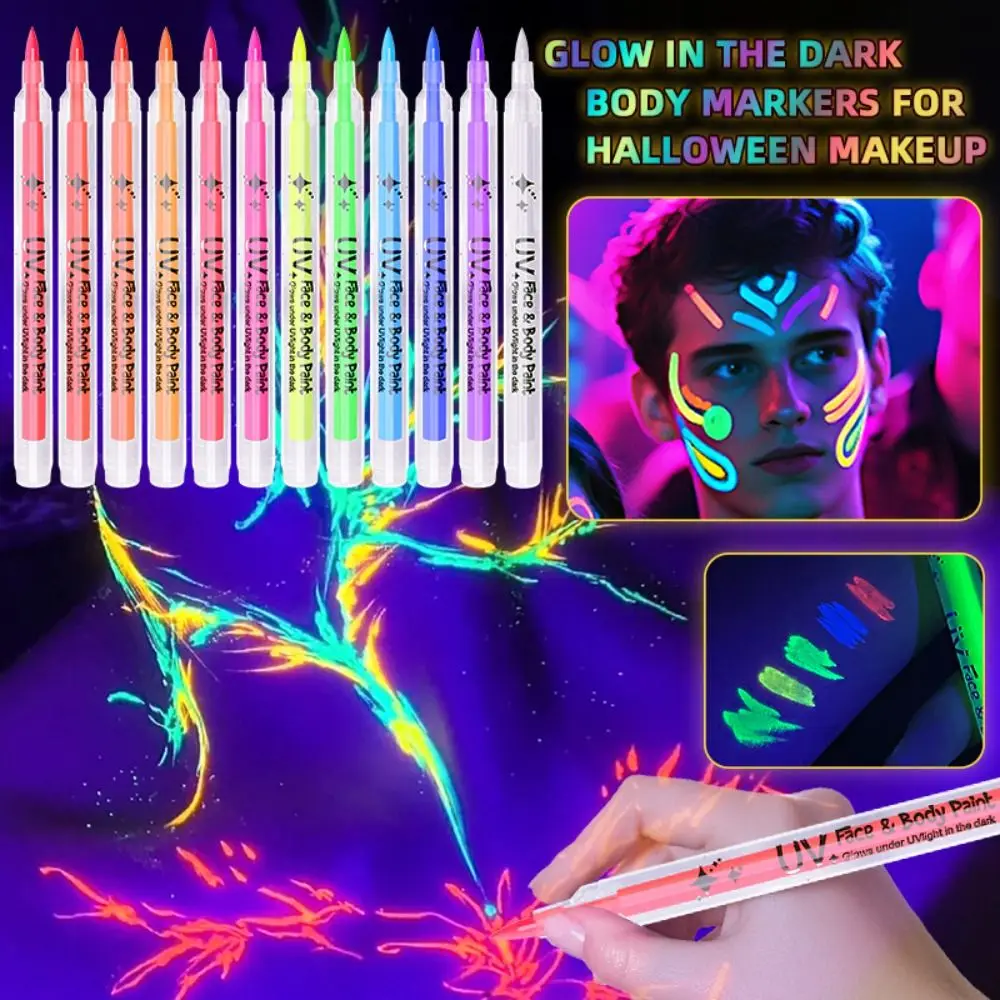 12 Colors Glow Face Paint Markers Black Light Reactive Non-Toxic Body Paint Markers Set Easy Wash Off Water-Based
